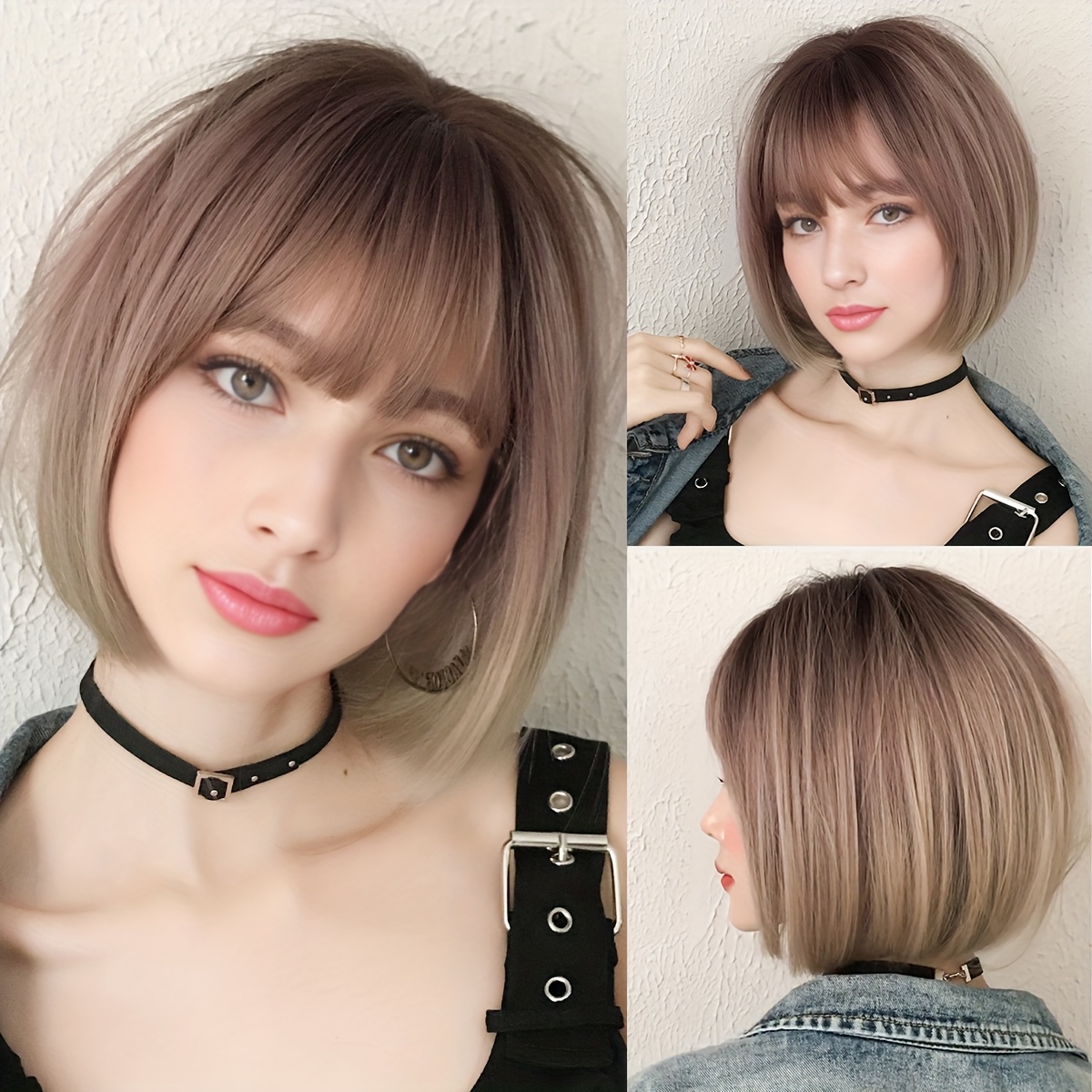 TEMU Rose Blonde Wigs Synthetic Short Straight Bob Wigs With Dark High Density Layered Hair Wigs With Curtain Bangs