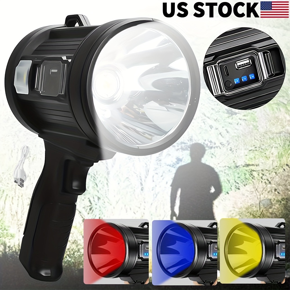 

High- Rechargeable Led Spotlight Flashlight - 1000000 , Long-range , Usb Charging, Options (red/blue/yellow), Ideal For Hunting, Camping, Boating, Flashlight Rechargeable