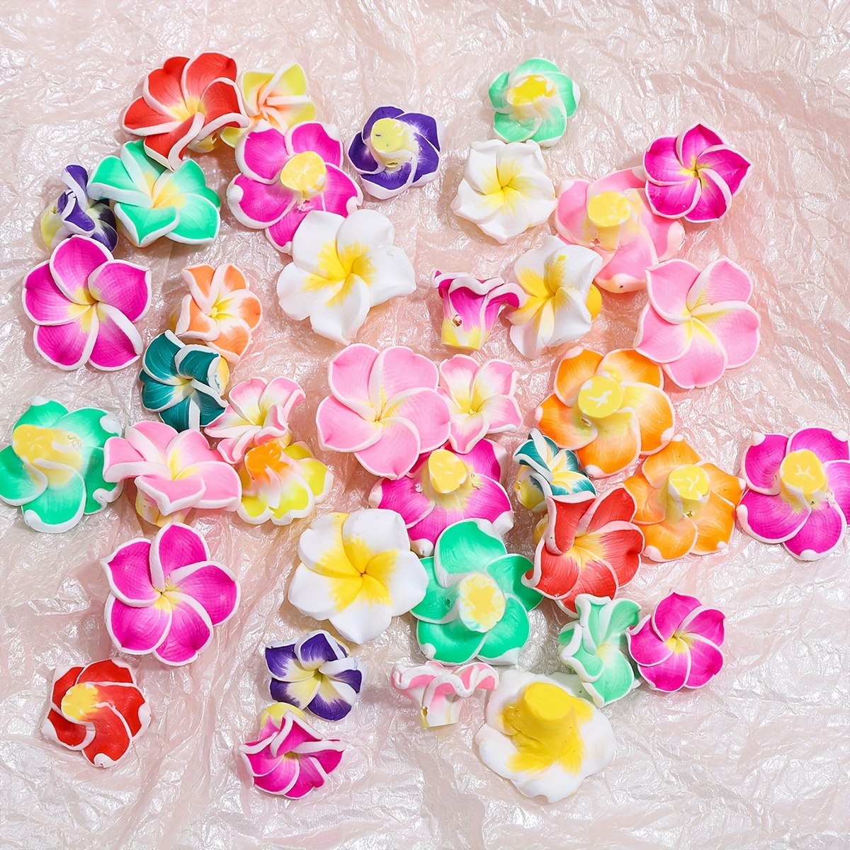 

10 Pcs Artificial Flower Polymer Clay Beads, Plumeria Flower Spacer Loose Charm Beads With Hole, For Jewelry Earring Making