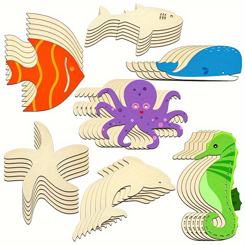

21pcs Wooden Sea Animals, Wooden Crafts Home Decoration Diy Craft Art Project, Octopus, Shark, Whale, Dolphin, Seahorse, Fish Shaped, Summer Decorations, Summer Supplies