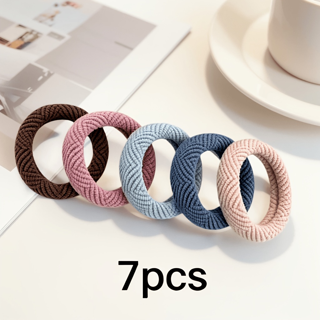 Image of 7pcscolorful Boho Striped Hair Ties High Elasticity Thick Seamless Ponytail Holders Elastic Hair Bands Soft No Damage Hair Accessories For Women Daily Wear