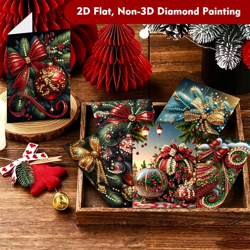 TEMU Originele Nieuwigheid 6 stuks 2D Platte Diamant Schilderij Wenskaarten, Kerst Thema Vakantie Serie Kaarten, Kerstbal En Strik Combinatie Diamant