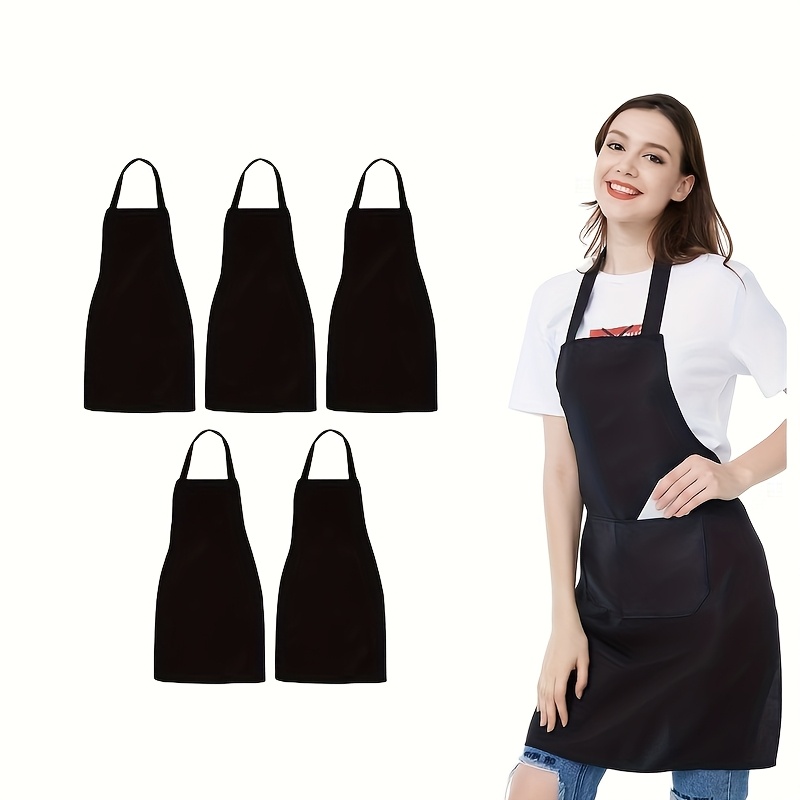 TEMU 5-pack Black Aprons With Wide Pockets, Machine Washable, For Kitchen, Crafts, Bbq - Durable