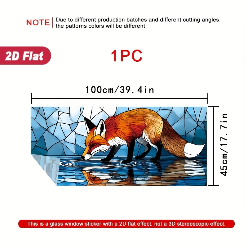 TEMU 1pc 2d Flat Window Sticker Fox Drinking Geometric Background Stained Glass Window Film, Static Sticker Door And Window Decoration, 39.4 X 17.7