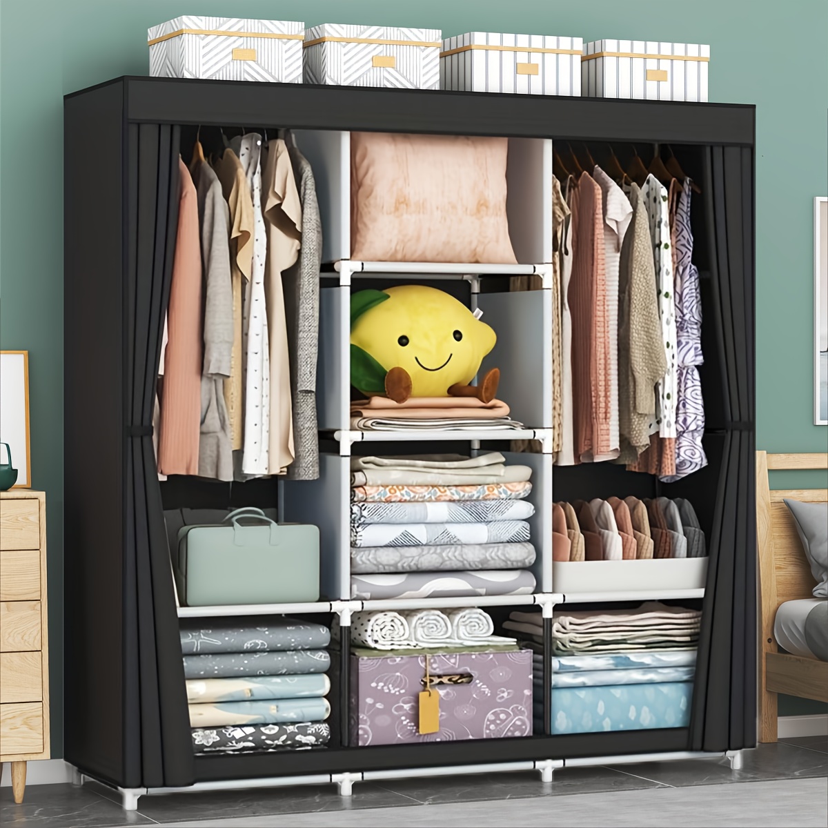 

1pc Reinforced Metal Frame Fabric , Dust-proof Storage Organizer With 3-door And Tiered Shelving, Foldable Closet With Sturdy Clothes Rack And Utility Shelves