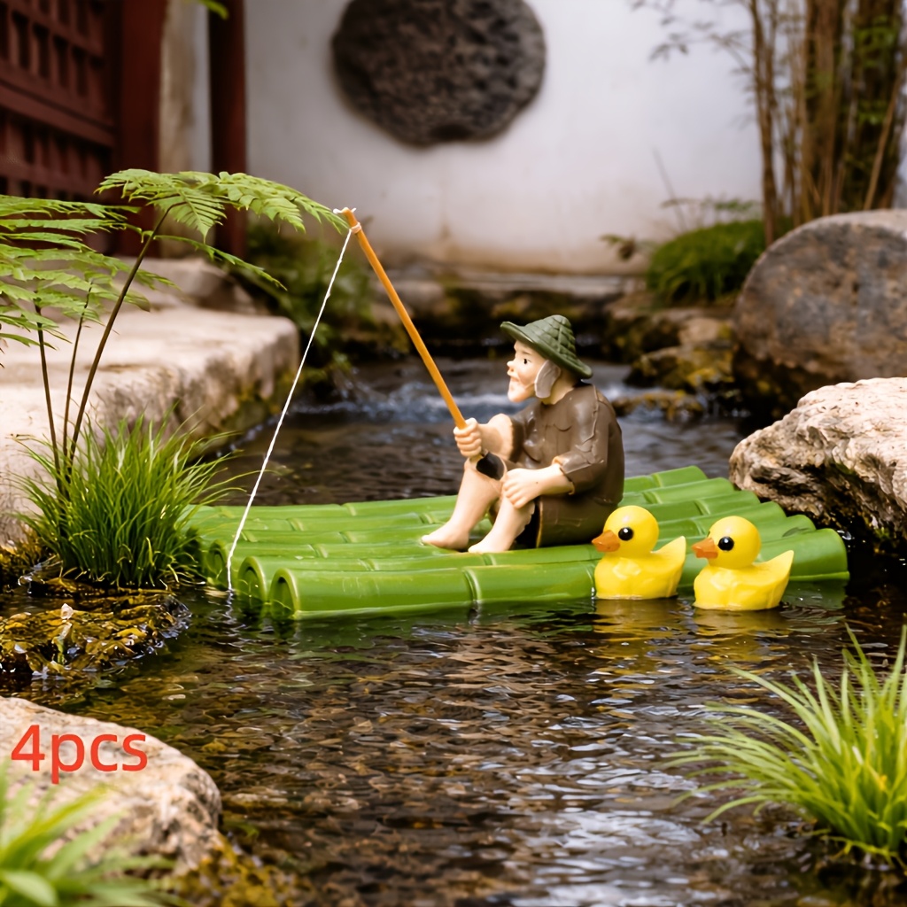 4pcs Realistic Resin Fisherman Statue With Bamboo Raft | Aquarium Decor, Perfect For Water Gardens & Outdoor Spaces | Ideal Decoration For