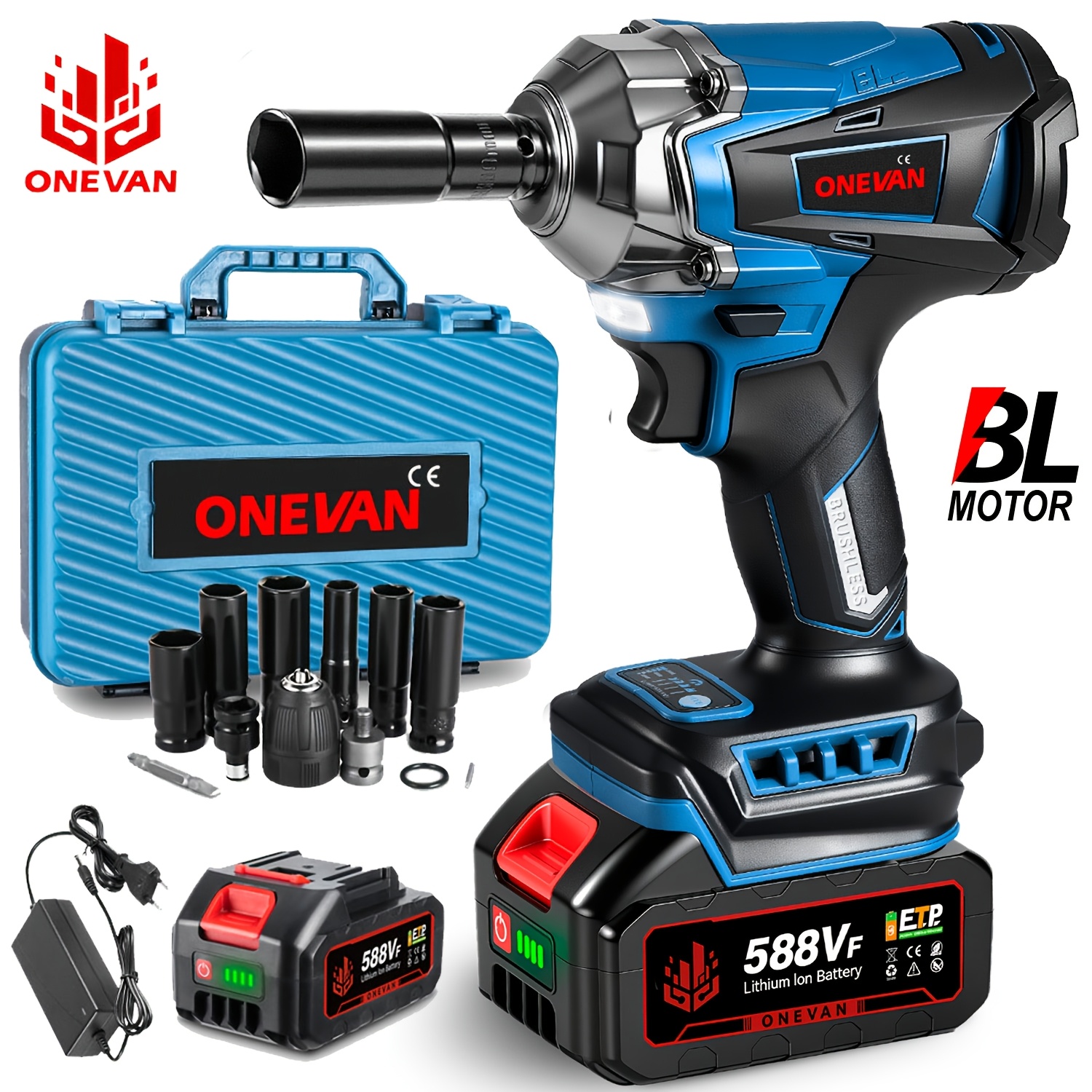 E-shop 1000 N.m Bürstenloser Elektro-Schlagschrauber, 1/2-Zoll Akku-Schrauber Bohrerset, 4-Gang einstellbar, geeignet für Autoreparatur, Möbel-
