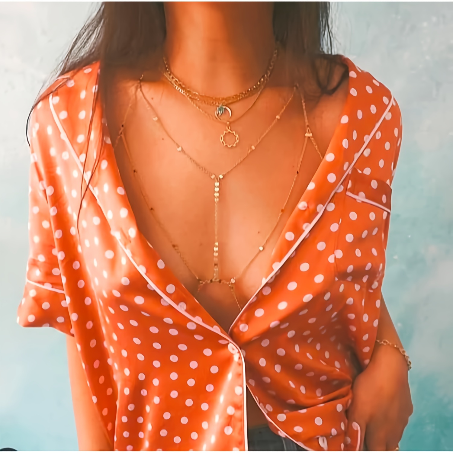 Golden Sequin Coin T Strap Body Chain for Women