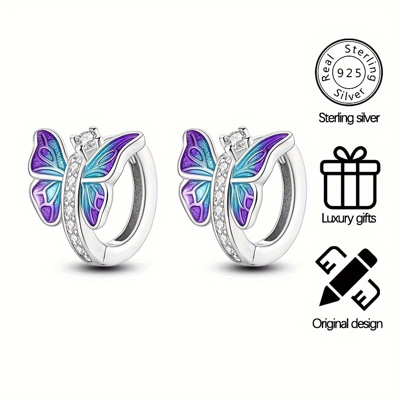 

Pretty Colorful Butterfly Design Hoop Earrings 925 Sterling Silver Hypoallergenic Jewelry Zircon Inlaid Favorable Female Gift With Gift Box