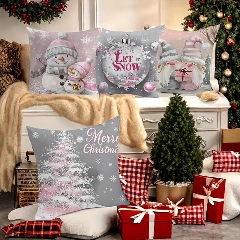 Image of 4pcs Pink Christmas Pillowcase Set, Zipper, Polyester Cushion Cover, For Living Room, Bedroom And Outdoor Sofa Decoration