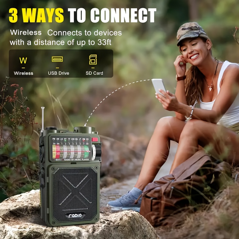 retro digital shortwave radio with   weather alert 4000mah emergency battery hand crank and solar charging am fm sw tuner 5w speaker sos flashlight mp3 player sd usb support for outdoor camping power outage gear multifunctional small tool miniature radio 0