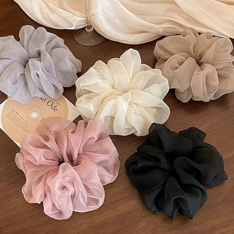TEMU Elegant 5pcs Elegant Satin Hair Scrunchies - Pleated Mesh, Soft And Comfortable, High Hair Ties In Assorted Colors For Women - Stylish And , Hair Accessories