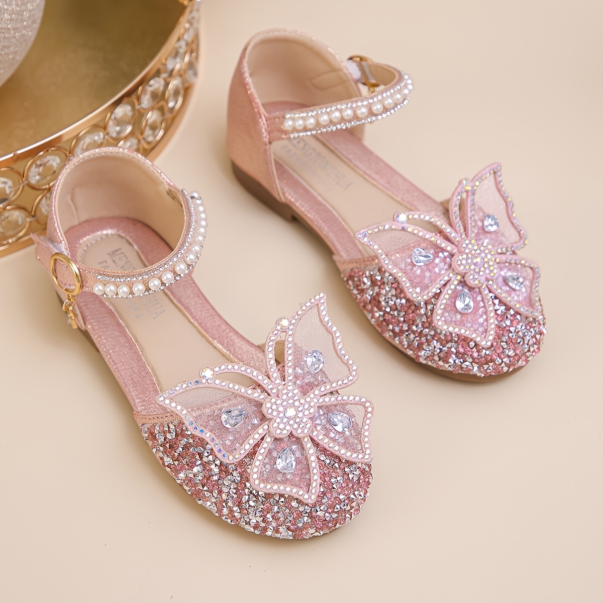 Image of 1 Pair Girls' Shoes - Rhinestone Bow Glitter End, Pu Material, Pearl Strap, Round Toe, Comfortable For Weddings, Parties, Sandals
