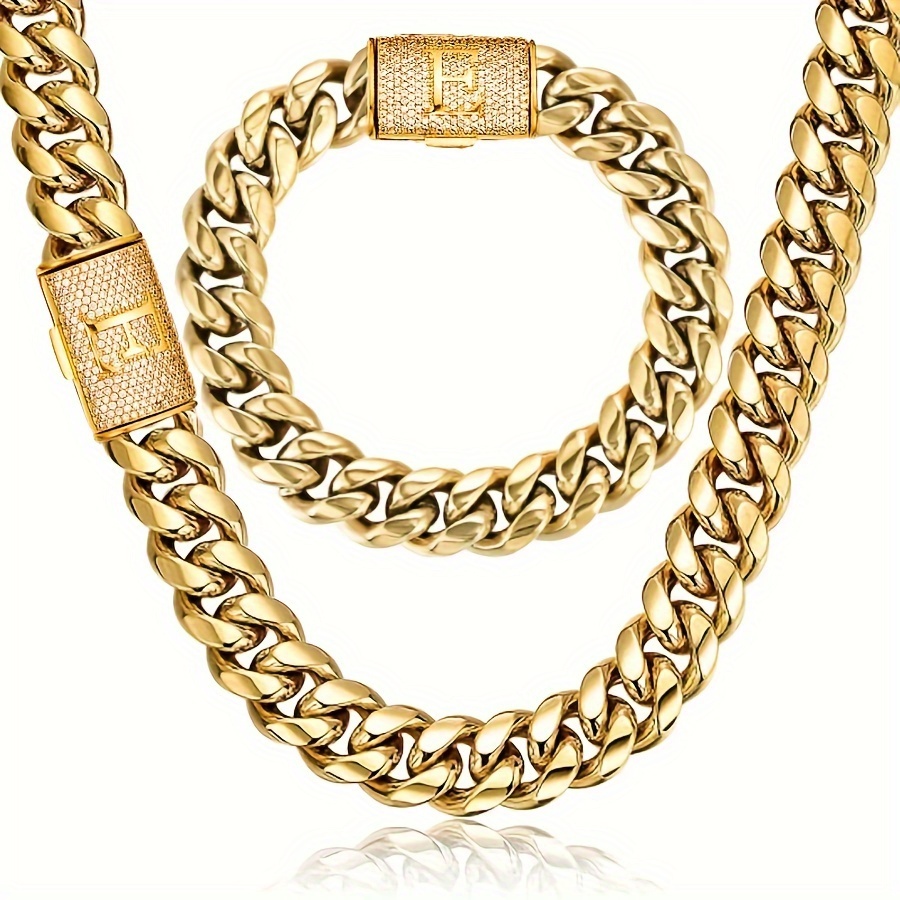 

2pcs Miami Cuban Link Chain Set For Men 18k Golden Plated Stainless Steel Cut Faux Diamond Initial Letter E Buckle Bracelet Necklace Hip Hop Jewelry Set