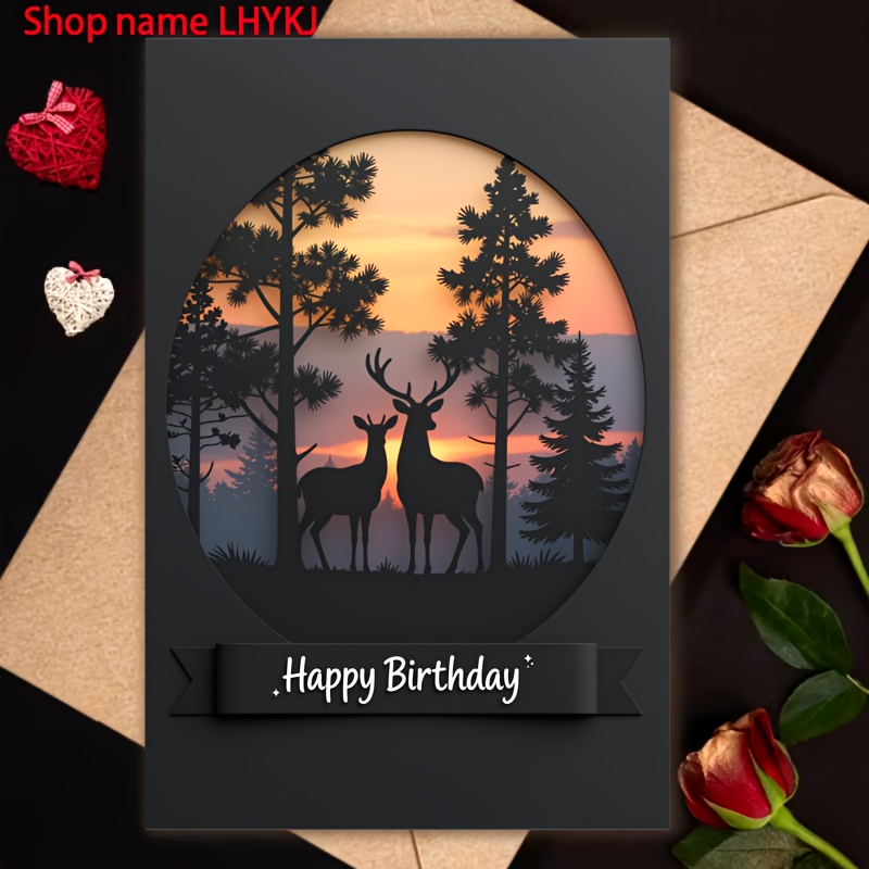 Image of 1pc Father's Day Greeting Card, Silhouette Deer At Sunset, , "happy Birthday" Text, Dark Gray Background, Elegant, Cards And Envelopes Are Best Gifts For Dad