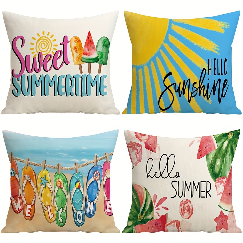 

4pcs Summer Pillow Covers 18x18 Inch Sweet Summer Time Throw Pillow Covers Watermelon Hello Summer Decorations Ocean Blue Sunshine Cushion Covers For Sofa Couch