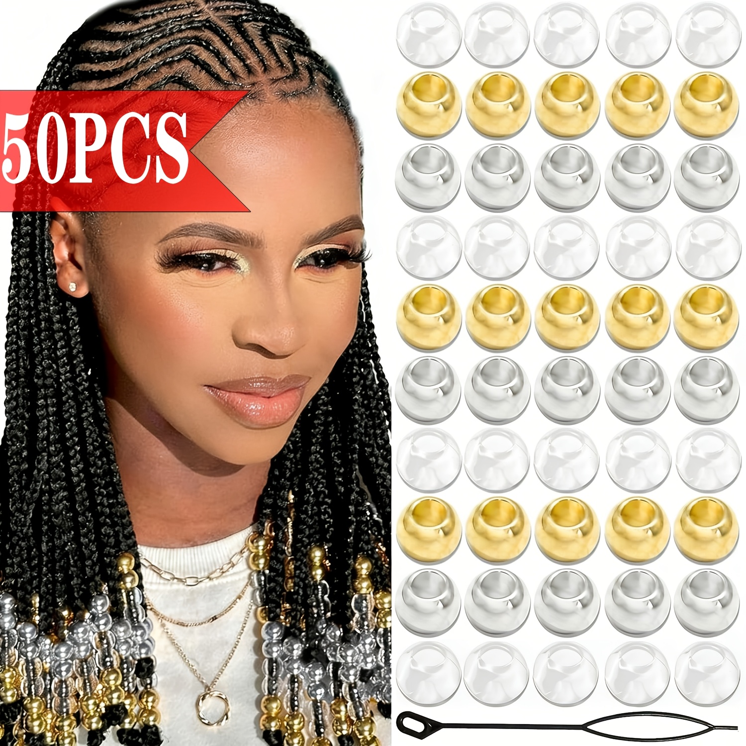 TEMU 50 Silvery Hair Beads Loc Dreadlock, Large Transparent Bead Accessories, Braids, Women's Hair Decoration Accessories, Jewelry Making Kit