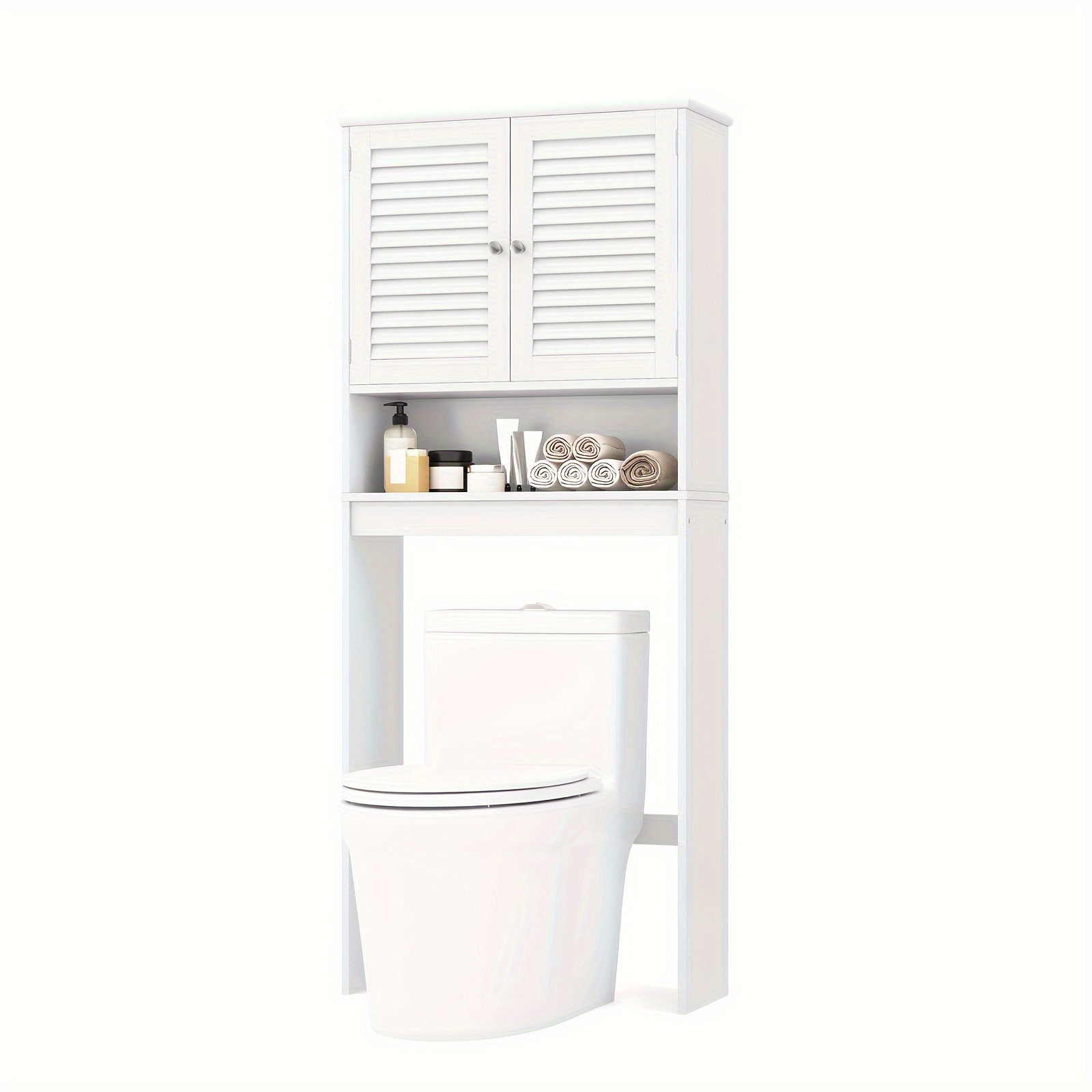 

1pc Toilet Storage Cabinet With Adjustable Shelf And Louvered Doors, Modern Bathroom Organizer, Space Saver