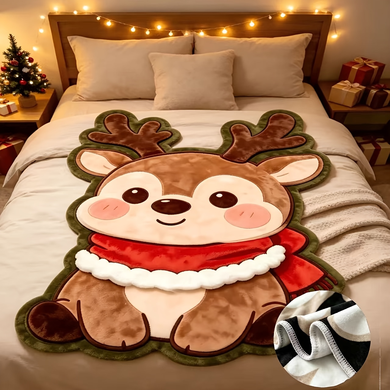 TEMU Cartoon Blush Deer Plush Blanket Christmas Theme Warm Flannel Throw Blanket Home Bedroom Decoration Gift Blanket