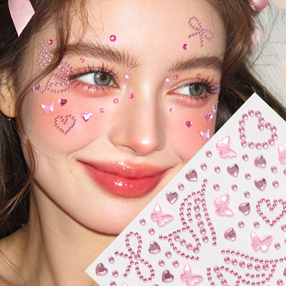 Image of Self-adhesive Pink Bow Rhinestone No-glue Round Beads Y2k Suitable For Yueyue Shoot Dressing Eye Makeup Facial Decoration Sticker 1pc