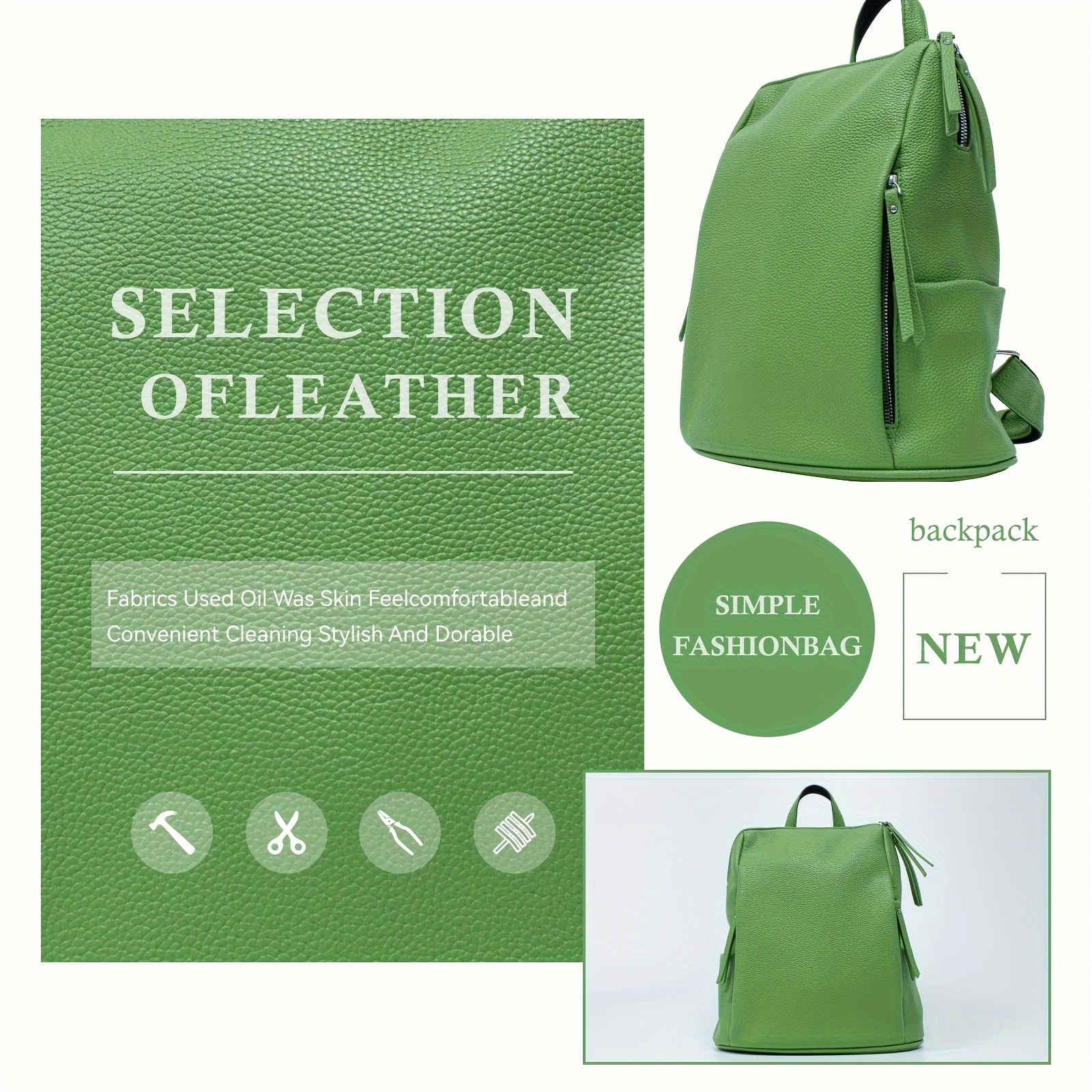 

Minimalist Casual Zipper Backpack, Women's All- Work Bag, Solid Color & Pu Leather