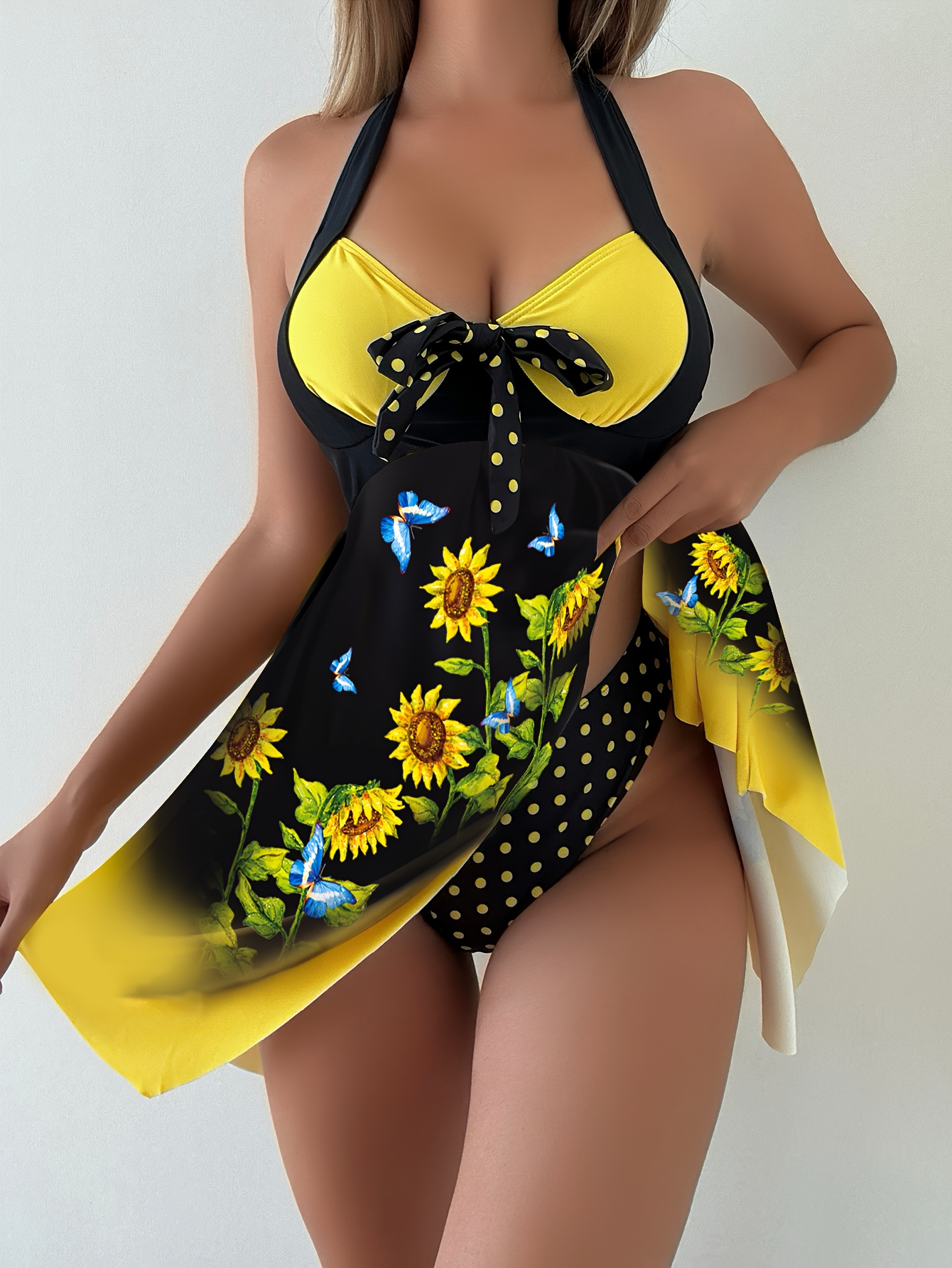 Vintage Halter Ruched Bikini Set With Sunflower Overlay For Large Bust  Swimwear From Hiem, $22.98