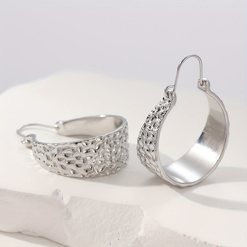 Vintage Boho Silver Plated Hammered Hoop Earrings