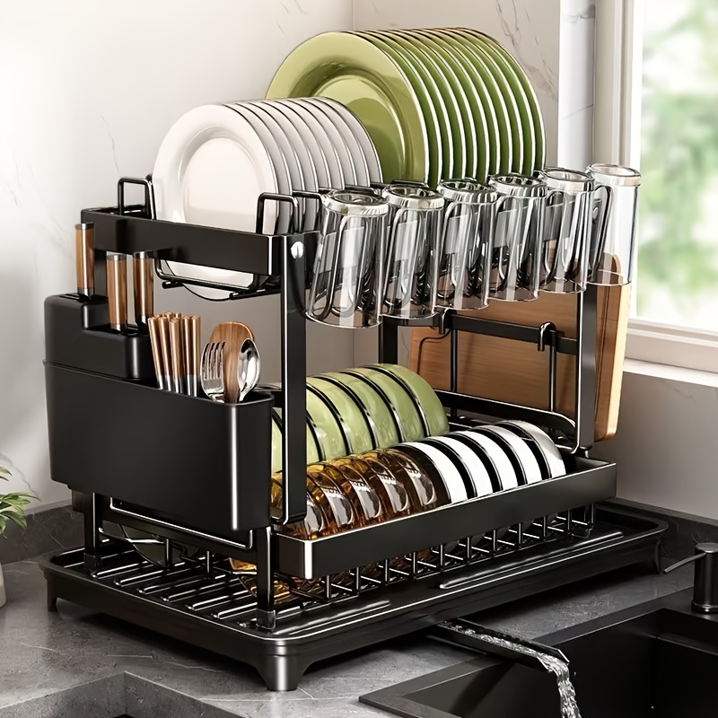TEMU Outils et vaisselle pour , égouttoir à vaisselle à 2 niveaux en acier au carbone avec plateau d'égouttage et support à ustensiles, égouttoir à