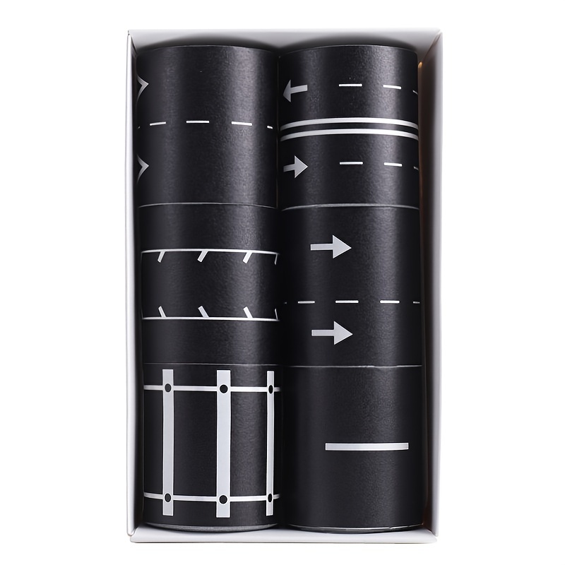 Image of 6 Rolls Diy Road Design Adhesive Tape Set, Paper Roadway & Railway Pattern Sticker Rolls With Traffic Sign Decals, Game Crafting, Party Favors, Holiday Decorations - No Feather, Non-electric