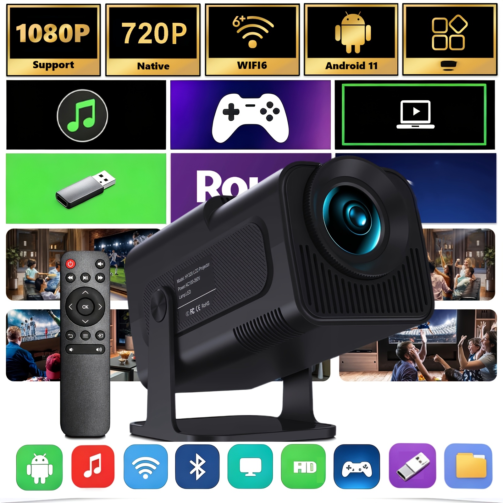 TEMU Portable Projector, Equipped With Android 11, Dual Wifi 6, 207ansi Brightness, Native 1080p Hd, 4k Support, , 1 Handed Operation, Flexible 180 °