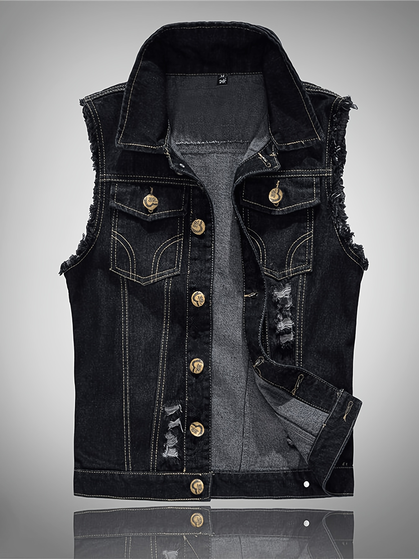*'s Motorcycle Ripped Denim Vest Non-Stretch Jeans-like Construction,  Front Button Closure Side Pockets Edgy Streetwear Jacket for Casual