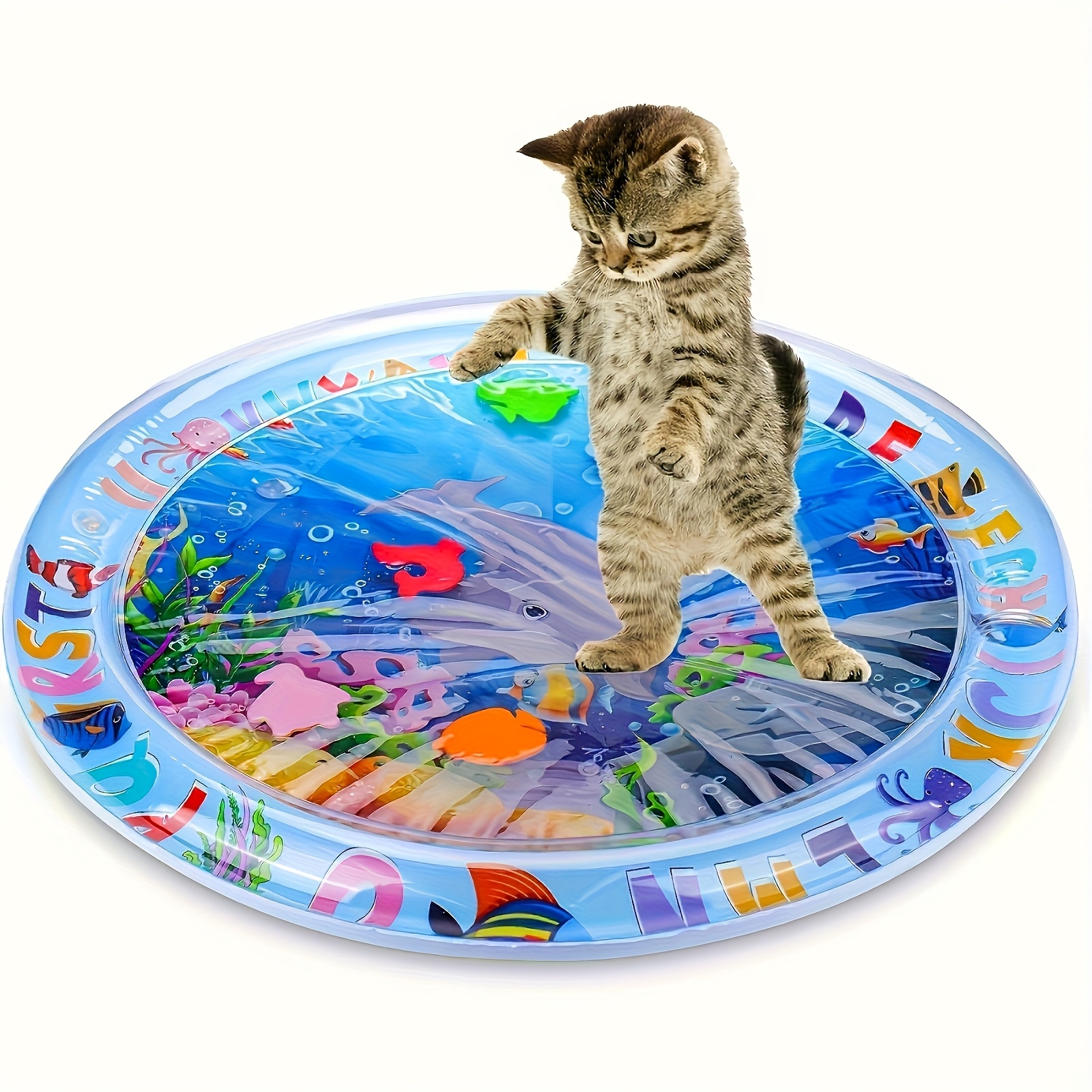 TEMU [interactive Cat Mat] Interactive Water Mat | Indoor Pvc Kitten Toy With Floating , Cartoon Pattern, Safe For Tap Water Use, No Battery Required