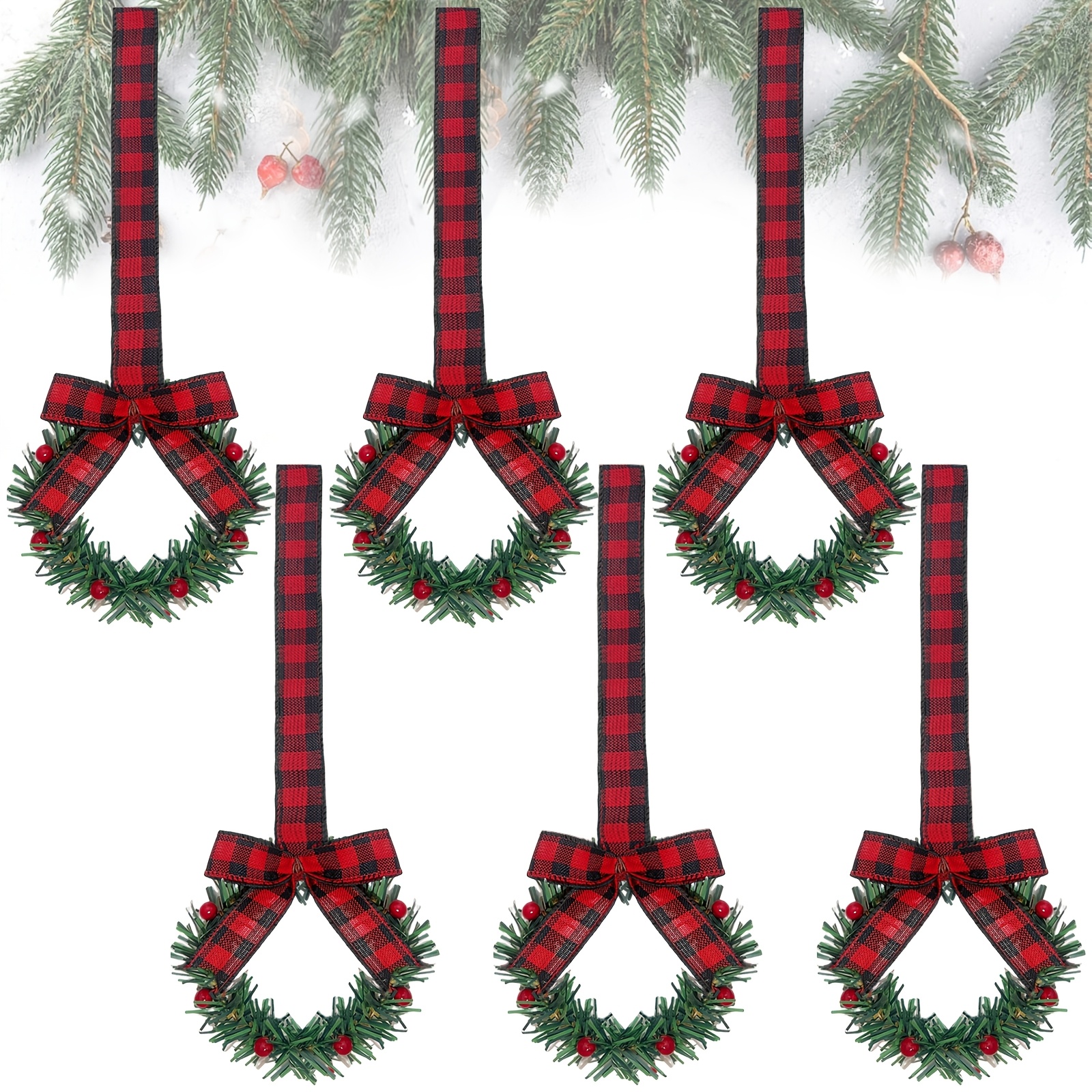 TEMU 6pcs Christmas Kitchen Cabinet Wreaths With Ribbon, Mini Christmas Wreath Small Kitchen Xmas Decor For Window Door (red And Black Plaid, Stylish