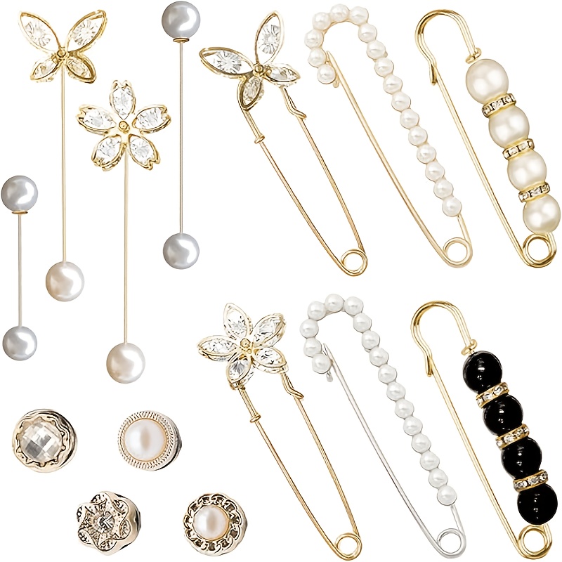TEMU 14pcs Safety Pins Pearl Button Pin Pant Waist Tightener Pins For Clothes Sweater Shawl Collar Dress Cardigan Shirt Jeans Accessories For Women