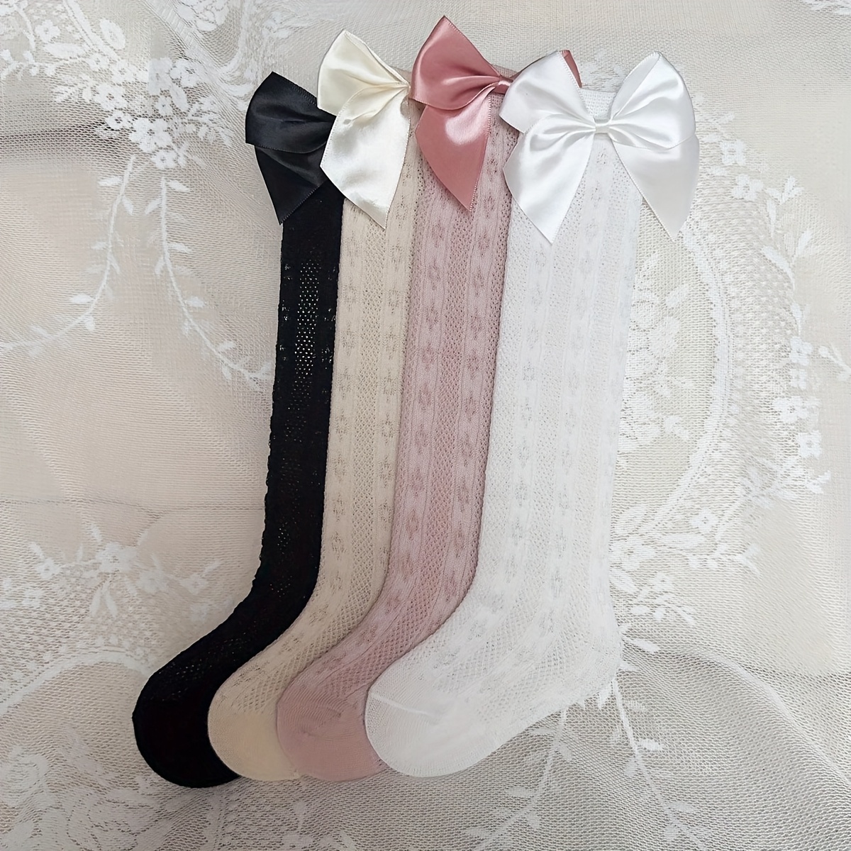 Image of 4-pair Girls' Bow Decoration Spring Summer Thin Socks Mid-calf Socks, Girls' All-match Mid-calf Socks