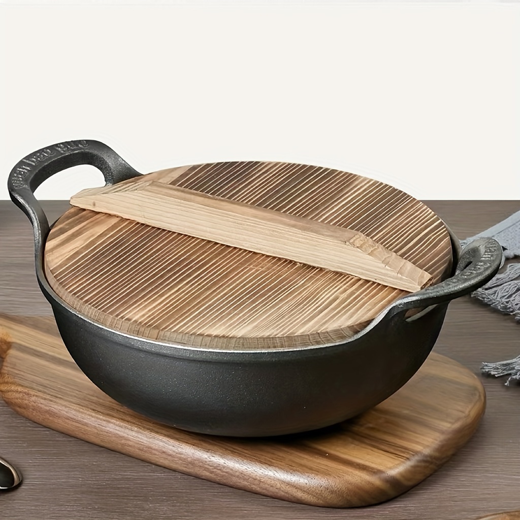 1pc cast iron wok with wooden lid non stick induction gas stovetop compatible ideal for cooking   boiling noodles food contact safe kitchen cookware 0