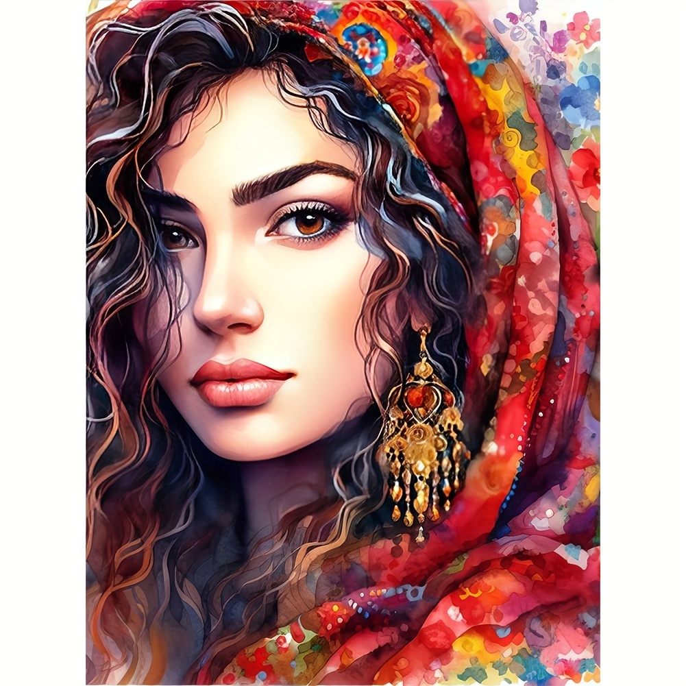 

Full Canvas Kit: 40x50cm/15.8x19.7in Diy Diamond Painting Art Kit - Lady Portrait With Vibrant Headscarf And Earrings
