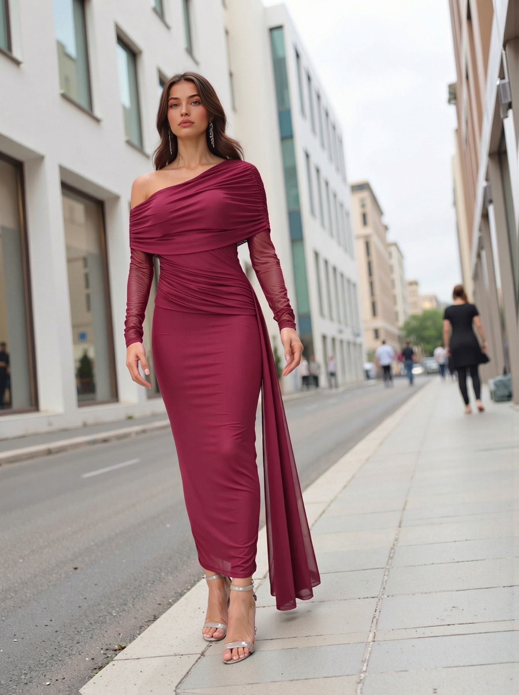 ribbon mesh dress Azua Solid Color off Neck Long Sleeve Ribbon Mesh Pleated Slim Dress   Vestir en Moda