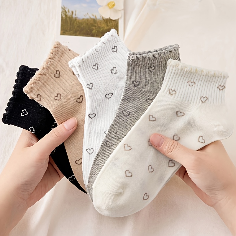 E-shop 5 Paar Damen einfarbige Rüschen-Kurzsocken/Knöchelsocken mit Herzmuster, , schlicht, lässig bequem, geeignet für tägliche Ausflüge, Reisen,