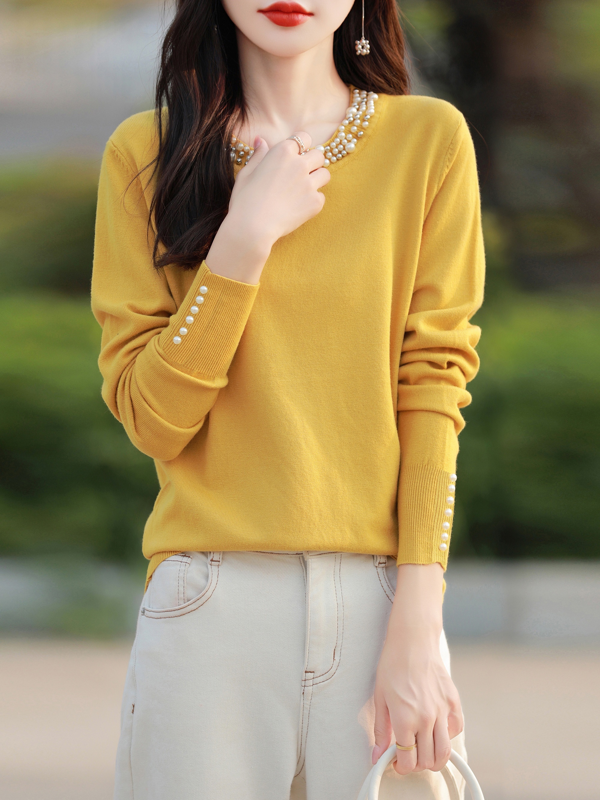 Damen Perlenpullover Langarm Rundhals Perlenknopf-Front Pullover Top,  Ganzjahres-Bluse für Casual Mitteldehnbar Einfarbig  (Handwäsche/Reinigung)