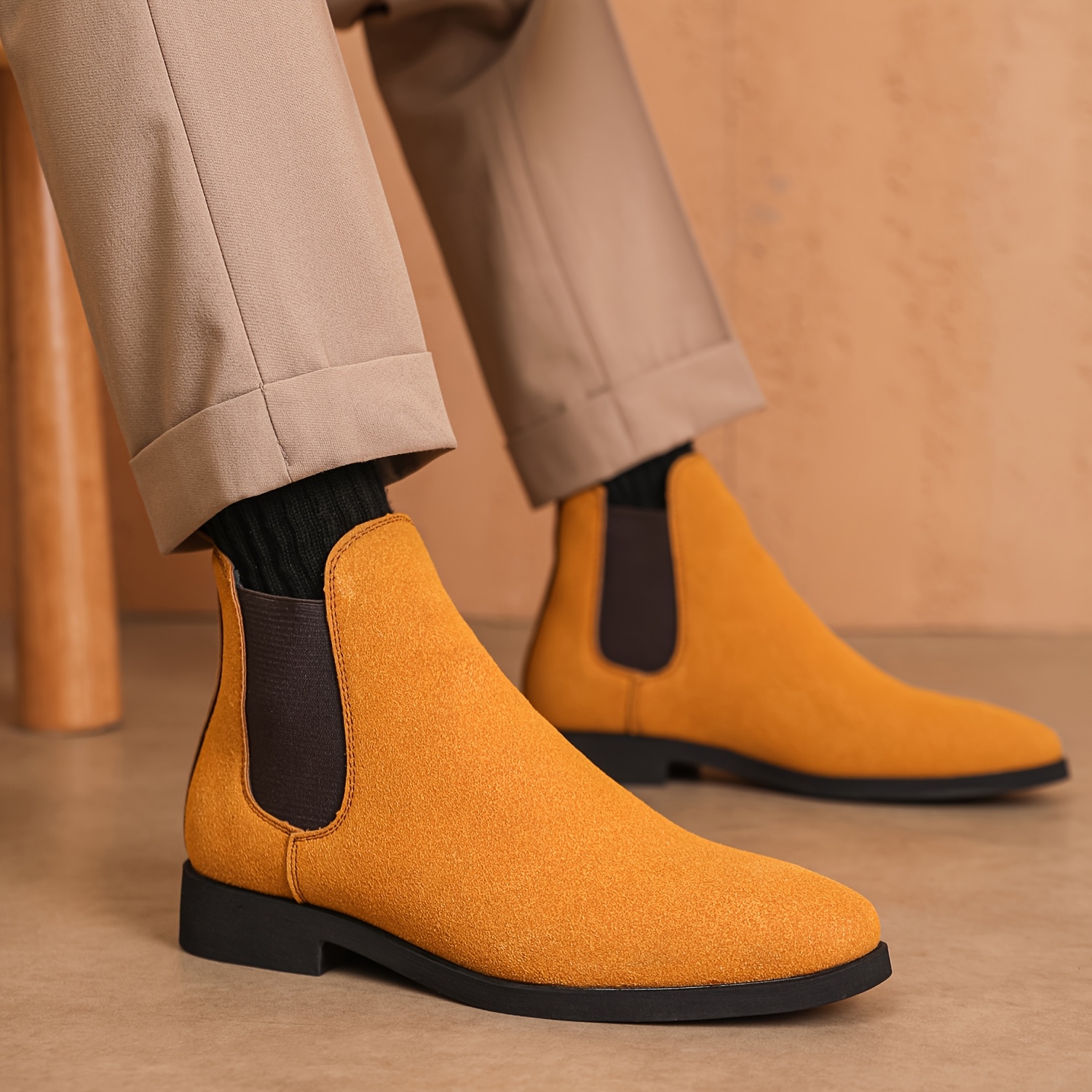 Men'S Classic Square Toe Chelsea Boots - All-Season Faux Ankle Dress Boots with Elastic Slip-On Closure, Solid Color, Rubber Sole, Fabric Lining for Daily & Business Wear