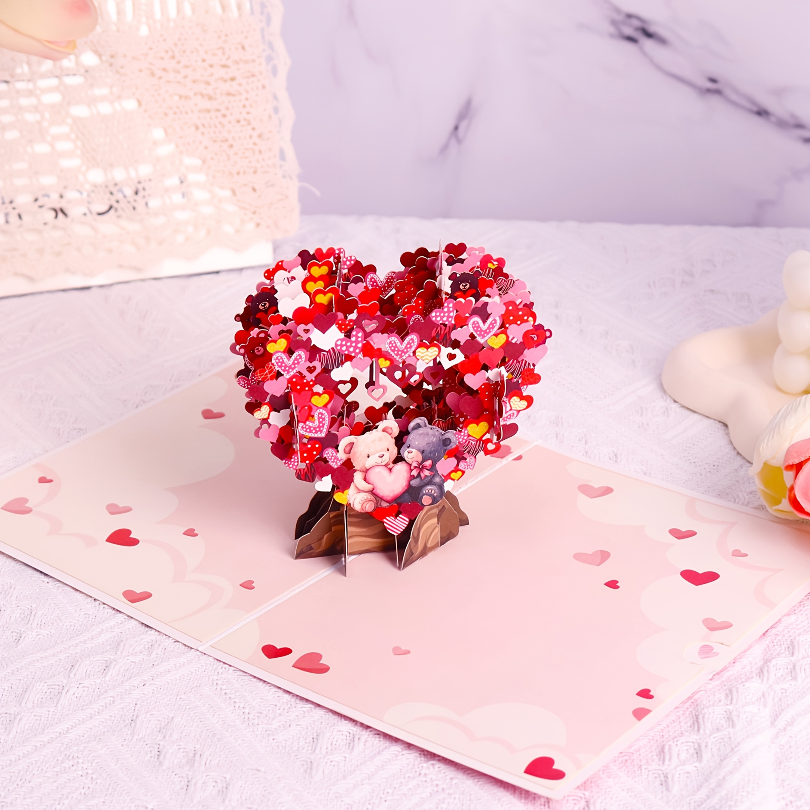 Valentine'S Day 3D Pop-Up Card with Heart-Shaped Balloons & Two Bears - Pastel Pink & Red Love Message, Heart Cutouts & Confetti Design, Romantic Anniversary/christmas Greeting Card For Couples