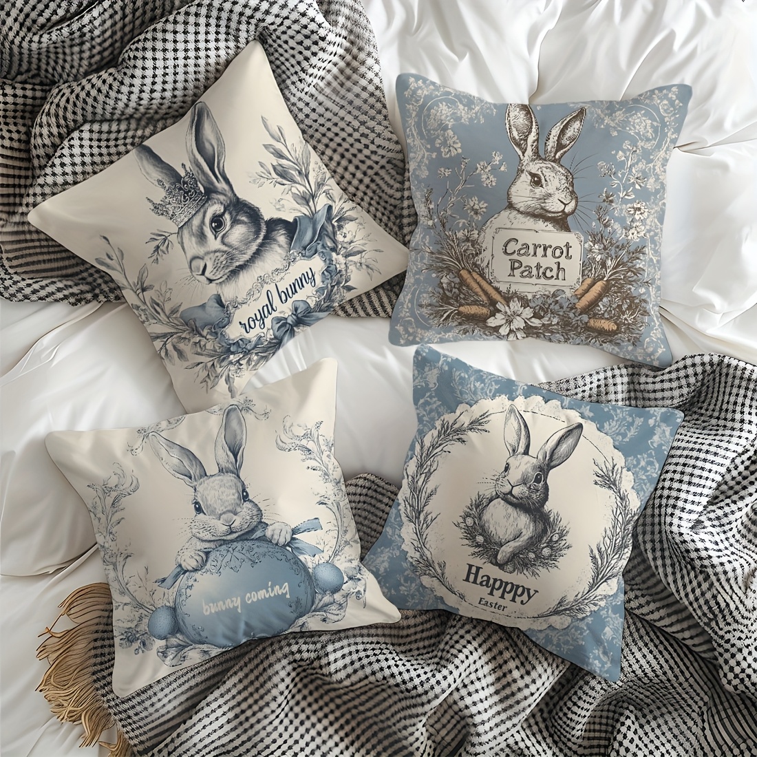 

4pcs Vintage Rabbit Print Throw Pillow Covers, Easter , 17.7x17.7 Inch, Machine Washable Polyester Cushion Cases With Zipper Closure, For Home Decor, Fits Multiple Room Types