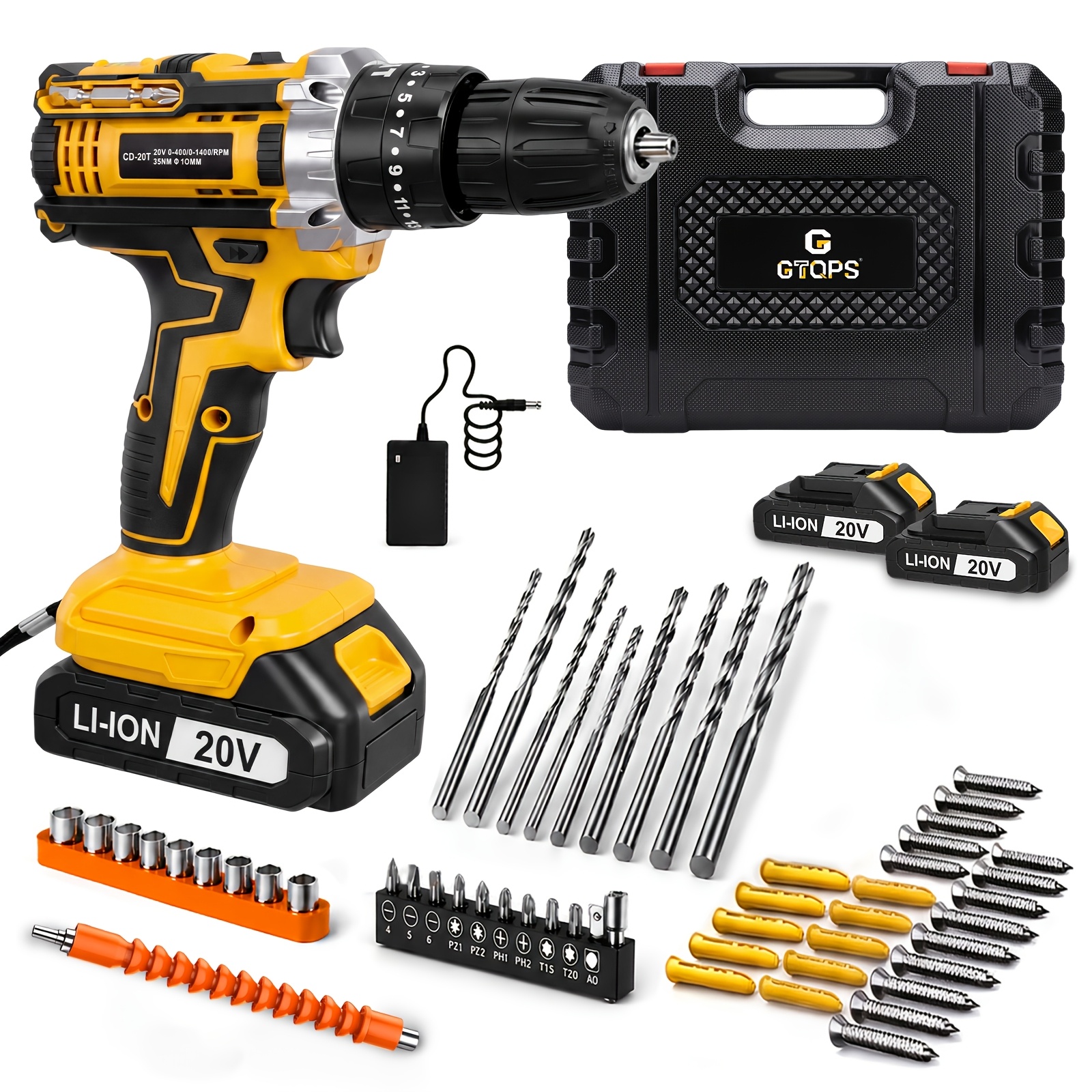 TEMU [20v Cordless Drill Set] With Tool Box, 2.0ah Battery & Fast Charger, Portable Electric Drill Driver Kit With Drill Bits & Hand Tools, Household