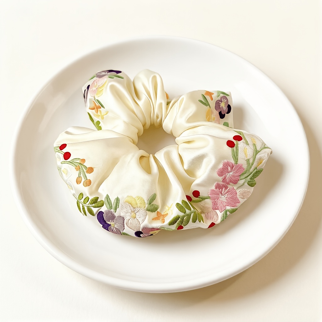 TEMU [marcolor] 1pc French Style 's Heavy Embroidered Flower Rectal Hair Ring Niche Easy Retro Rectal Ins Hair Rope Hair Band