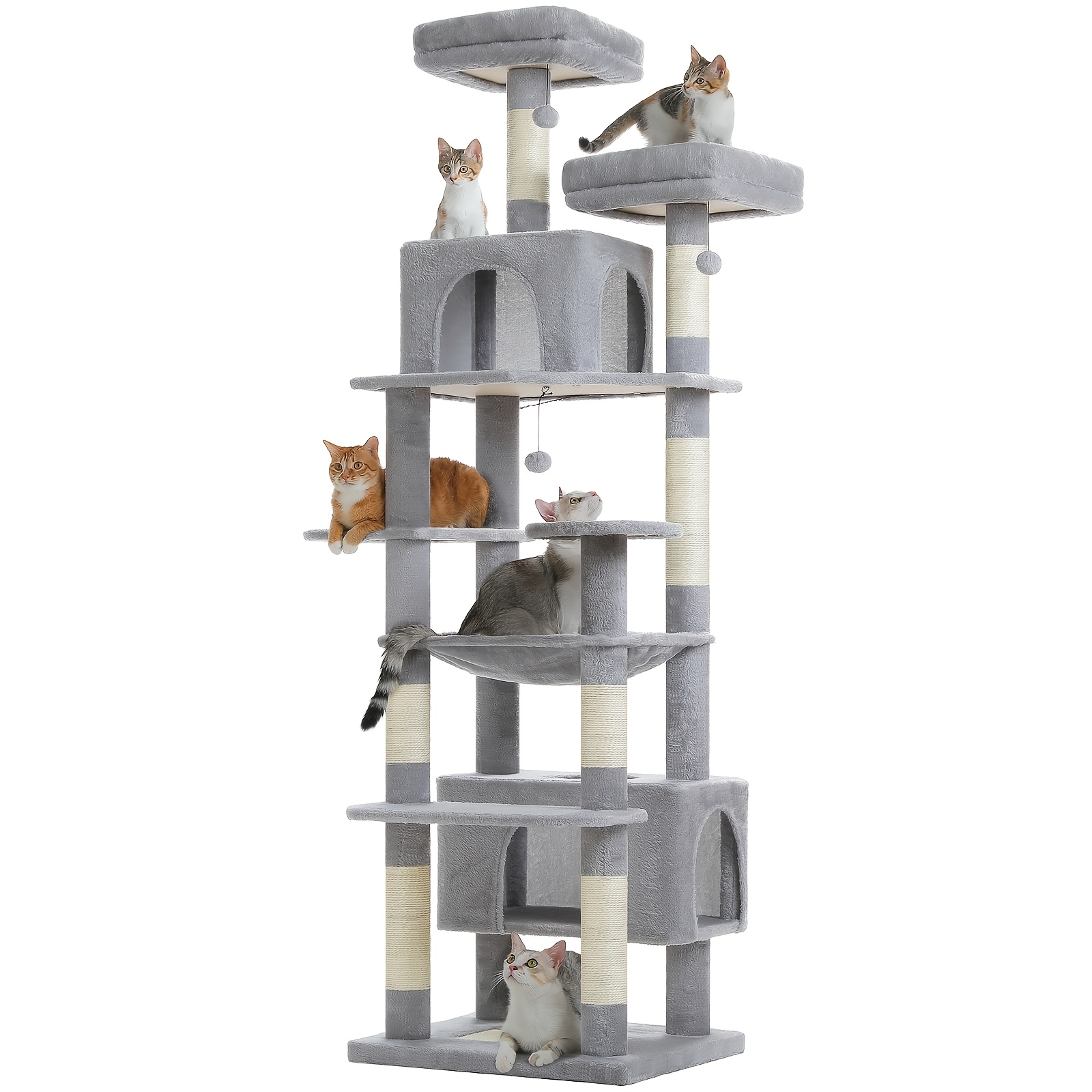 Image of Road 205cm Large Cat Scratching Post For Indoor Cats-stable High Cat Tree With 7 Sisal Posts, Hammock, Large Perch, Cave & Baskets, Grey, Dark Grey, Beige