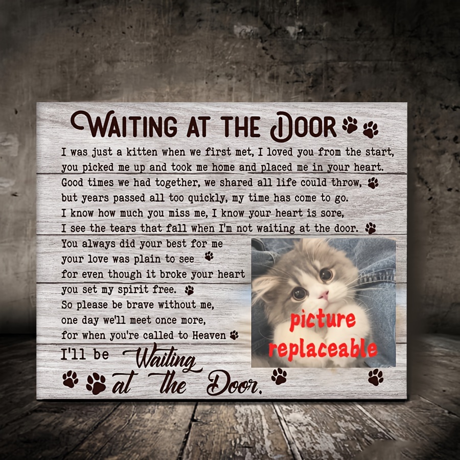 

Personalized Cat Memorial Framed Canvas - Replaceable Photo, Custom Sympathy Gift For Lost Pet, Pine Wood Frame, 1pc 11.8"x15.7" - "waiting At The Door" Poem Print