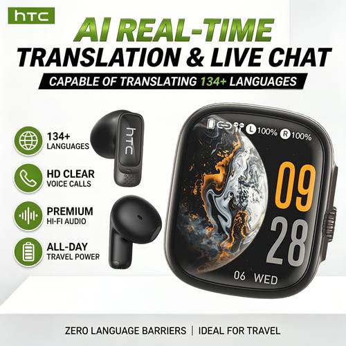 item picture htc ne72 wireless earbuds feature a multifunctional lcd touchscreen and heat dissipation design supporting 165 languages long and ultra low latency