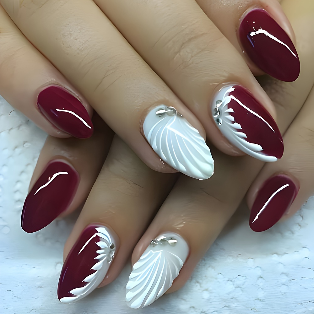 

24pcs Medium Press On Nails White And Red Fake Nails With Rhinestone Wings Embossment Artificial Reusable False Nails For Women And Girls