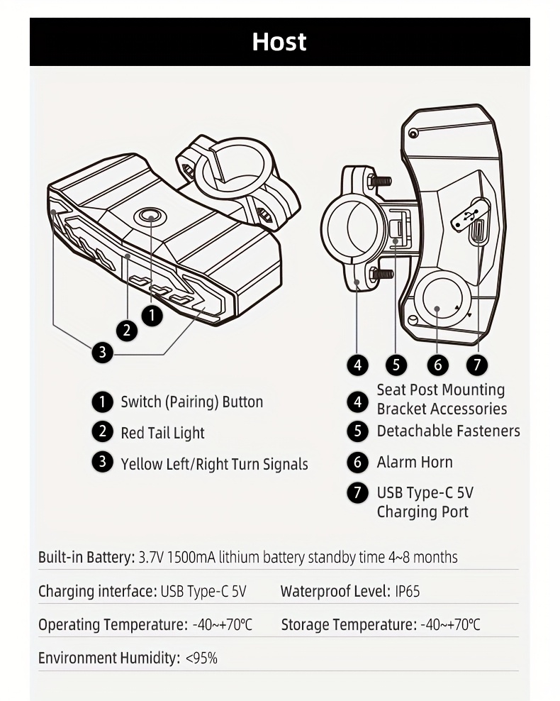 Vijf-in-één Intelligente Fiets Anti-diefstal Apparaat | Anti-diefstal Alarm (113dB), Stuur-/Rem Signaal, Zes Maanden Batterijduur, USB Opladen, Oplaadbare Lithium Batterij - Ultieme Rijveiligheids Garantie